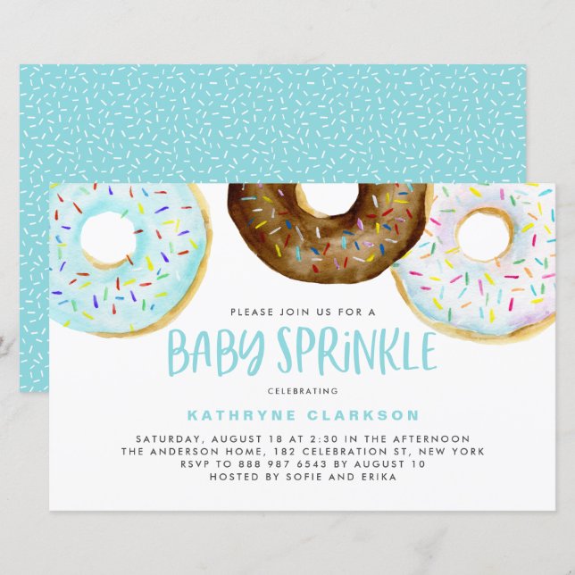 Inbjudan till Watercolor Donuts Boy Baby Sprinkle (Fram/baksida)