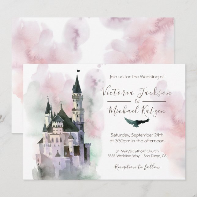 Inbjudan till Watercolor Enchanted Castle Wedding (Fram/baksida)