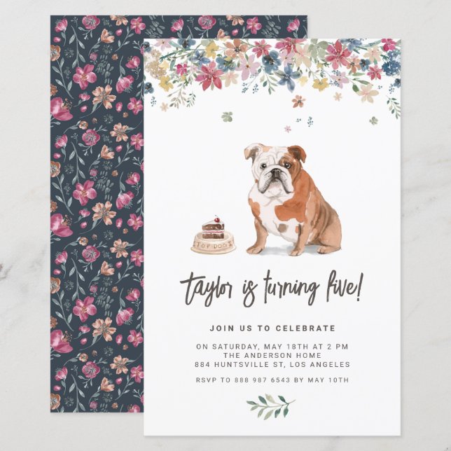 Inbjudan till Watercolor English Bulldog Birthday  (Fram/baksida)