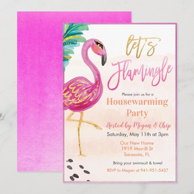 Inbjudan till Watercolor Flamingo Houseuppvärmning (Fram/baksida)