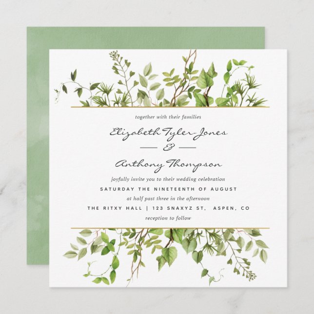 Inbjudan till Watercolor Greenery Wedding (Fram/baksida)