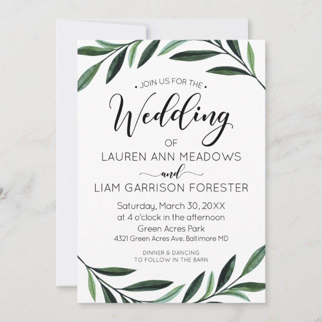 Inbjudan till Watercolor Greenery Wedding (Framsida)