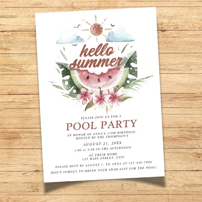 Inbjudan till Watercolor Hej Summer Bassäng Party (Skapare uppladdad)