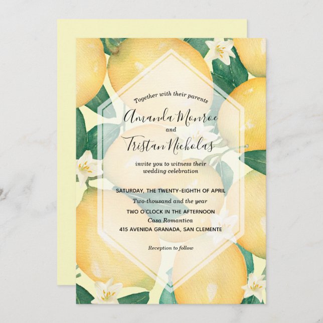 Inbjudan till Watercolor Lemons Greenery Wedding (Fram/baksida)