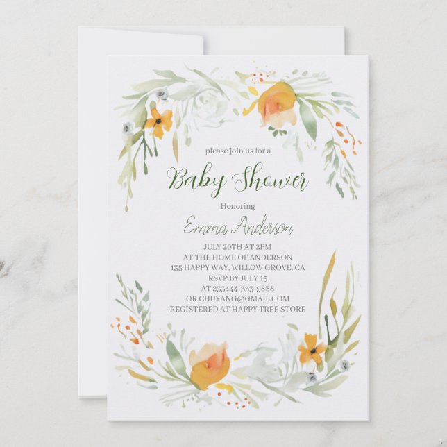 Inbjudan till Watercolor Lily Baby Shower (Framsida)