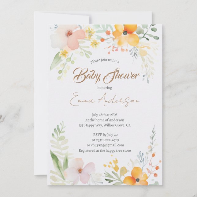 Inbjudan till Watercolor Lily Blommigt Baby Shower (Framsida)