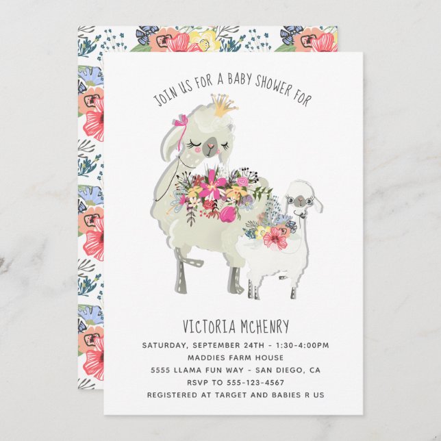 Inbjudan till Watercolor Llama mamma Baby Shower (Fram/baksida)