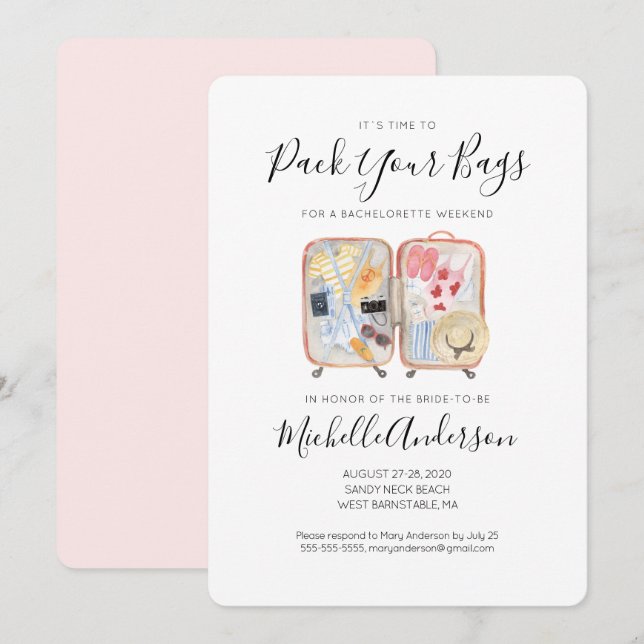 Inbjudan till Watercolor Luggage Bachelorette Helg (Fram/baksida)