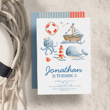 Inbjudan till Watercolor Ocean Barns födelsedag-pa