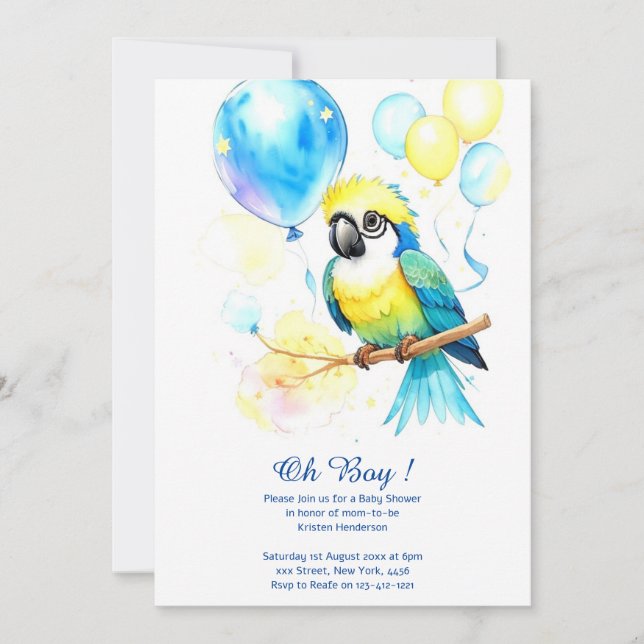 Inbjudan till Watercolor Parrot Boy Baby Shower (Framsida)