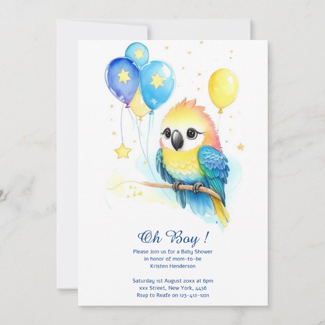 Inbjudan till Watercolor Parrot Boy Baby Shower (Framsida)