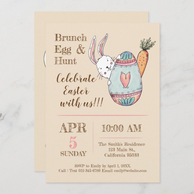 Inbjudan till Watercolor Påsk Brunch och Egg Hunt. (Fram/baksida)