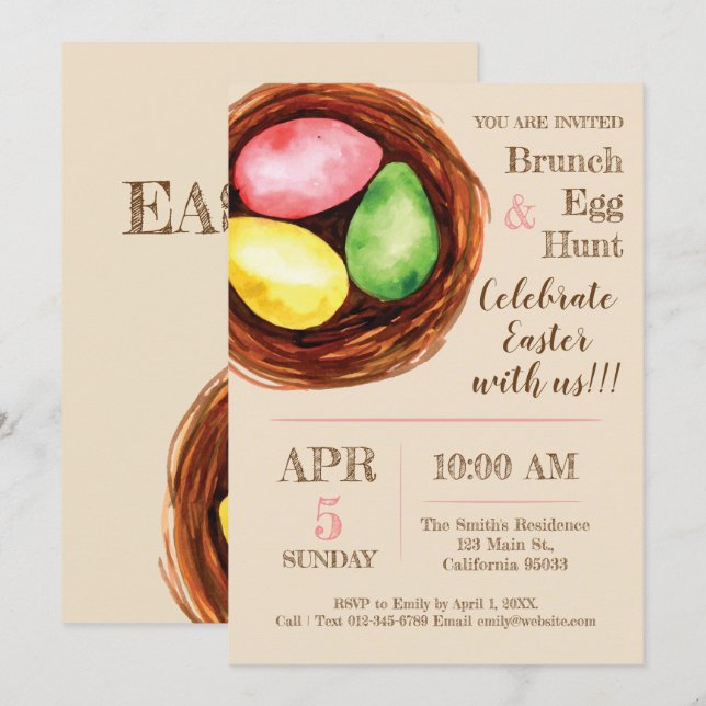 Inbjudan till Watercolor Påsk Brunch och Egg Hunt. (Fram/baksida)