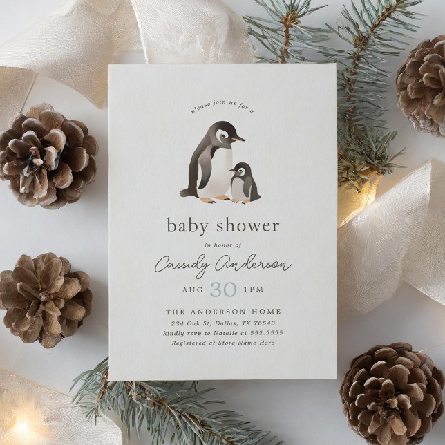 Inbjudan till Watercolor Penguin Boy Baby Shower (Skapare uppladdad)