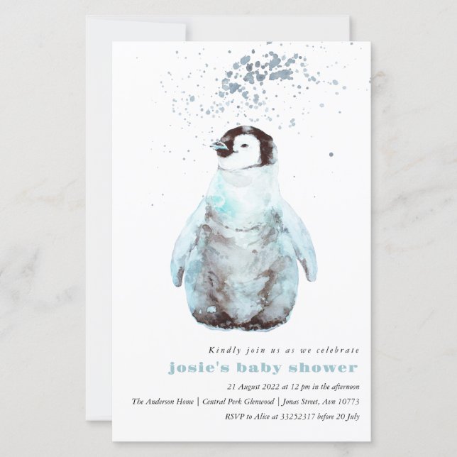 Inbjudan till Watercolor Penguin Winter Baby Showe (Framsida)