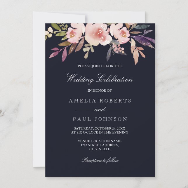 Inbjudan till Watercolor Peonies Navy Rosa Wedding (Framsida)