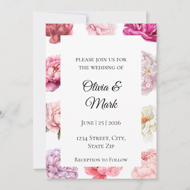 Inbjudan till Watercolor Peony Wedding | Ro Guld (Framsida)