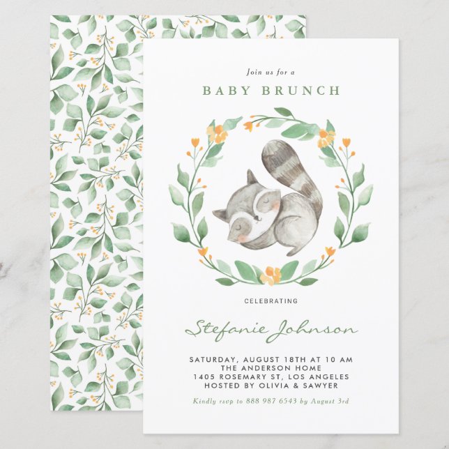 Inbjudan till Watercolor Raccoon Greenery Baby Bru (Fram/baksida)