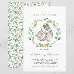 Inbjudan till Watercolor Raccoon Greenery Baby Sho