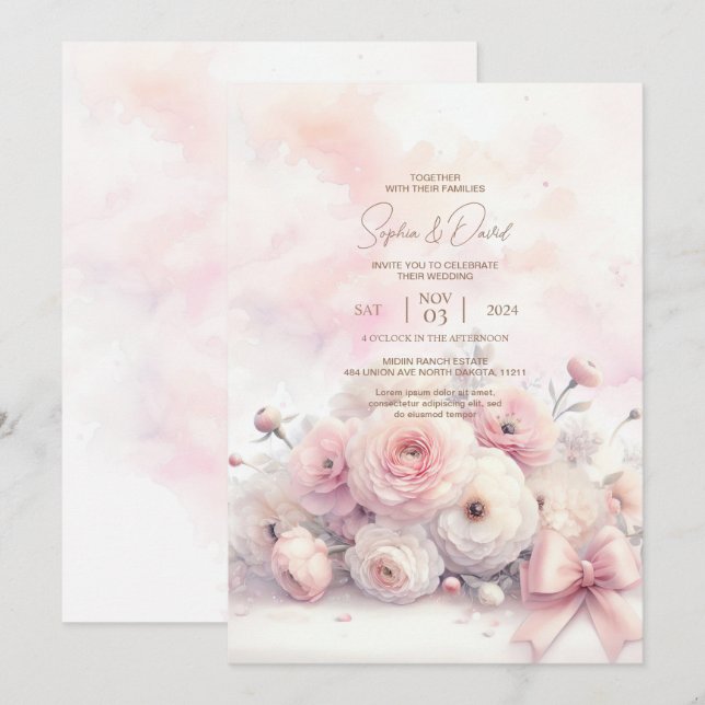 Inbjudan till Watercolor Ranunculus-bröllop (Fram/baksida)