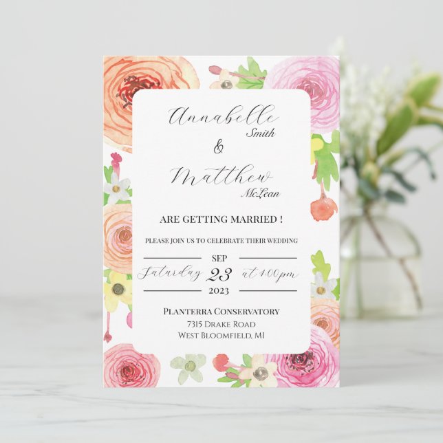 Inbjudan till Watercolor Ranunculus Flower Wedding (Stående Fram)