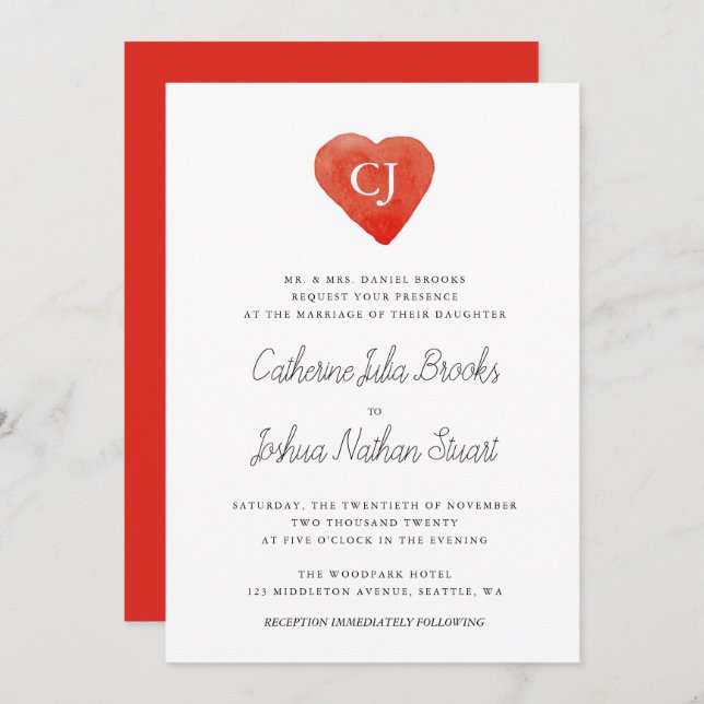 Inbjudan till Watercolor Red Heart Wedding (Fram/baksida)