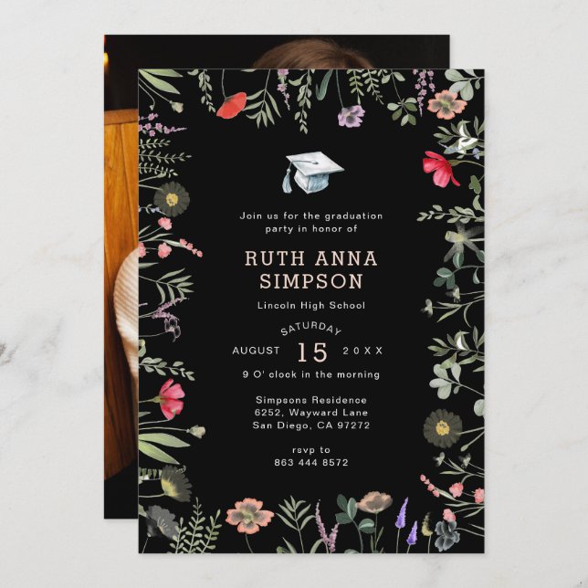 Inbjudan till Watercolor Wildblomma Photo Studente (Fram/baksida)