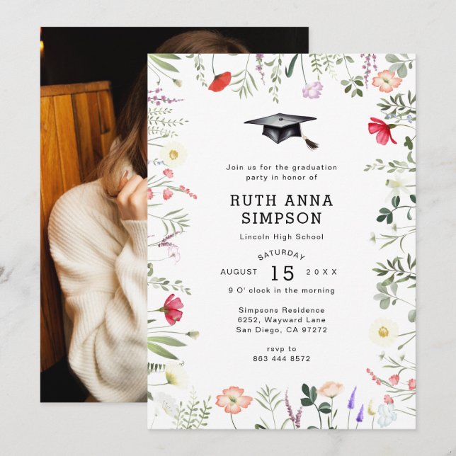 Inbjudan till Watercolor Wildblomma Photo Studente (Fram/baksida)