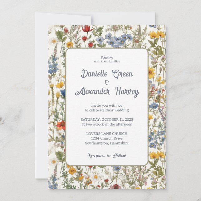 Inbjudan till Watercolor Wildbloms Meadow Wedding (Framsida)