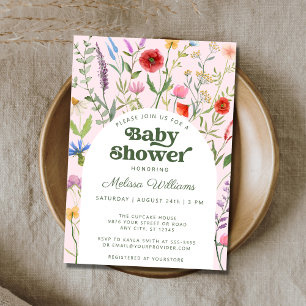 Inbjudan till Watercolor Wildbloms Rosa Baby Showe
