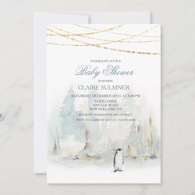 Inbjudan till Watercolor Winter Penguin Baby Showe (Framsida)