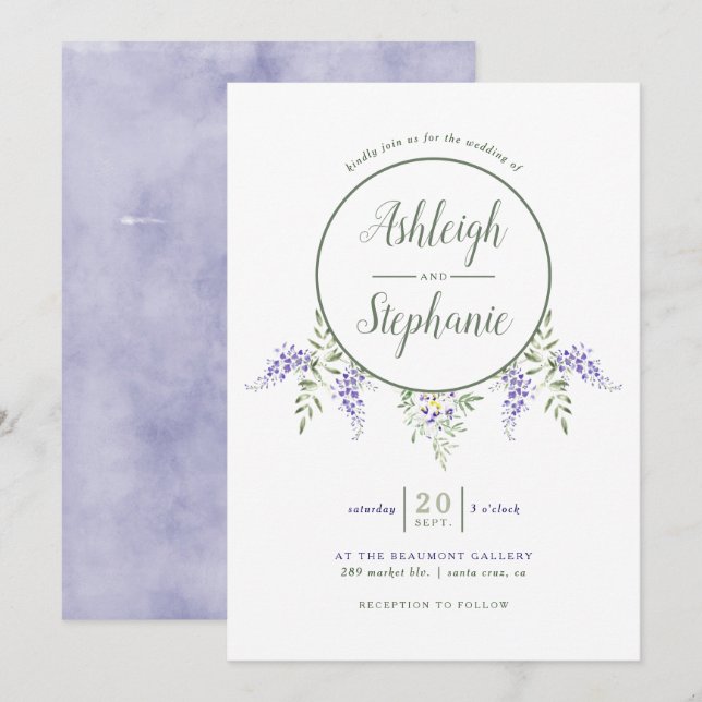 Inbjudan till Watercolor Wisteria Drop Wedding (Fram/baksida)