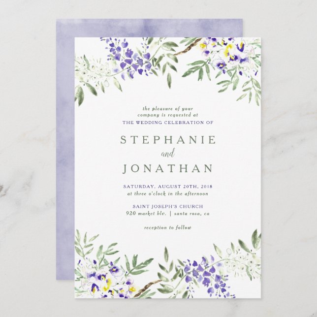 Inbjudan till Watercolor Wisteria Wedding (Fram/baksida)