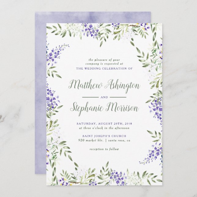 Inbjudan till Watercolor Wisteria Wedding (Fram/baksida)