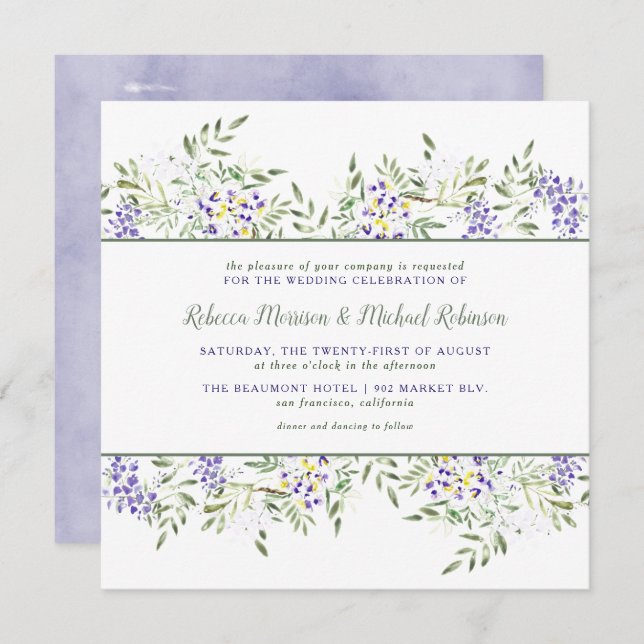 Inbjudan till Watercolor Wisteria Wedding | Kvadra (Fram/baksida)