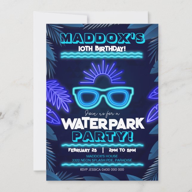 Inbjudan till Waterpark Party Neon Boy Summer (Framsida)