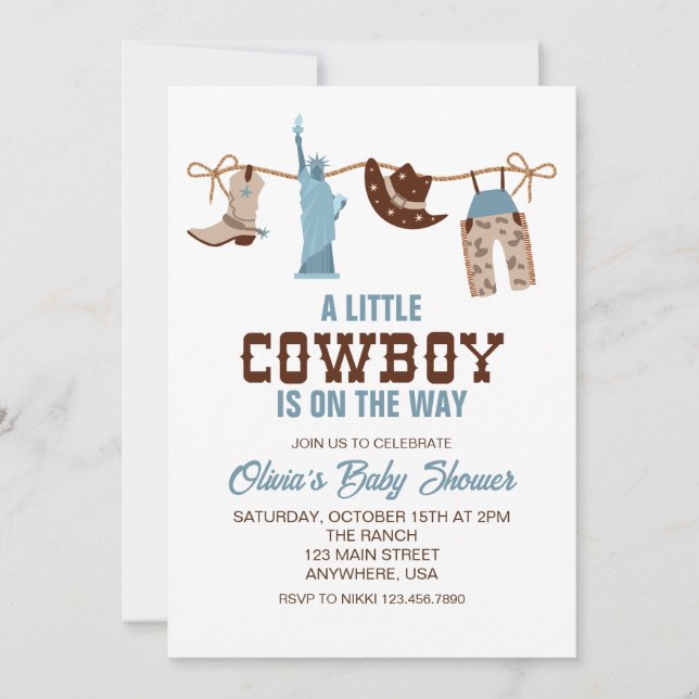 Inbjudan till westerna Cowboy Blue Play Baby Showe (Framsida)