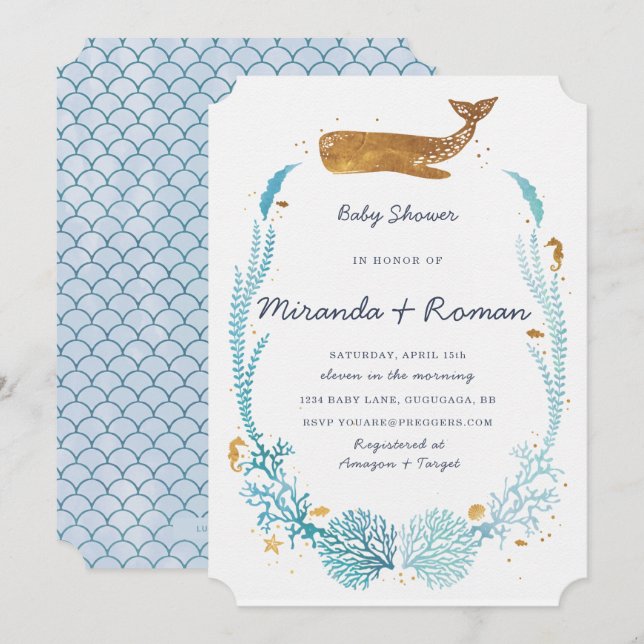 Inbjudan till Whale Baby Shower (Fram/baksida)