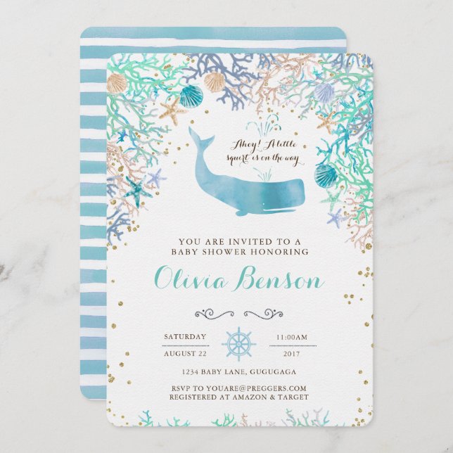 Inbjudan till Whale Baby Shower (Fram/baksida)