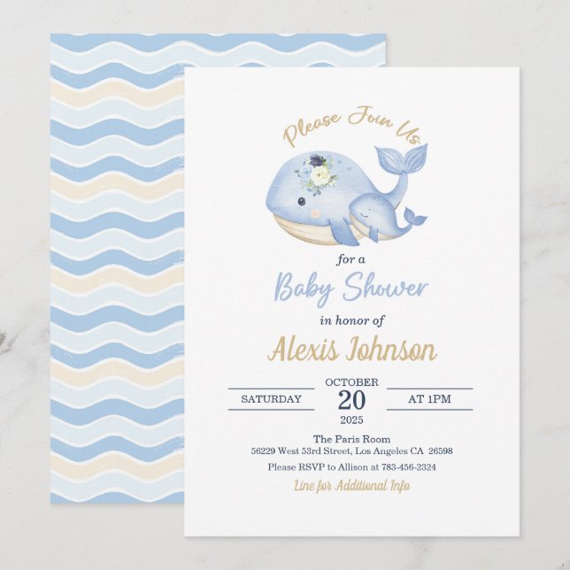 Inbjudan till Whale Baby Shower för Boy (Fram/baksida)