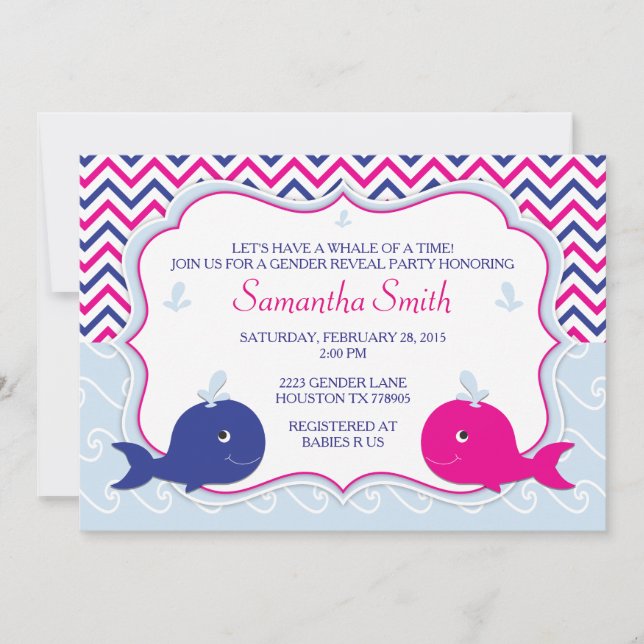 Inbjudan till Whale Gender Reveal Baby Shower (Framsida)