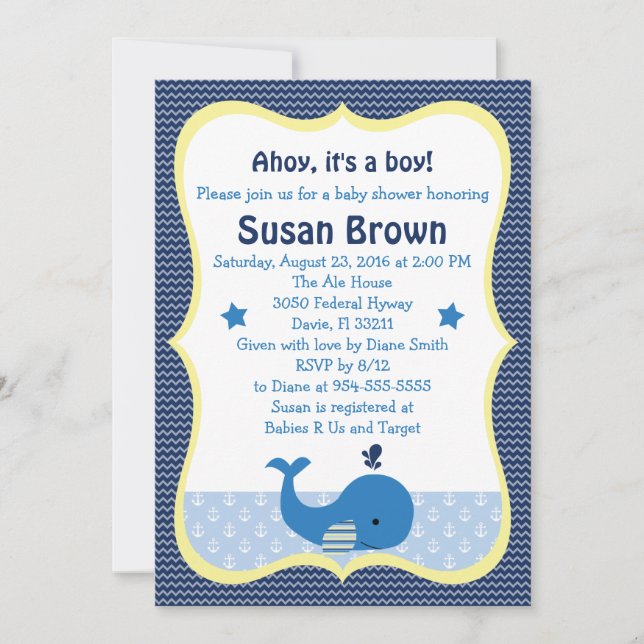 Inbjudan till Whale Nautical Baby Shower (Framsida)