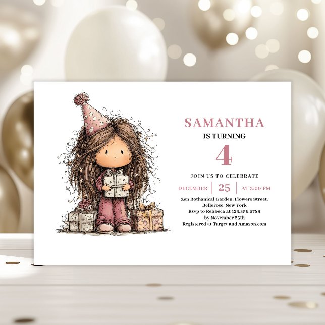 Inbjudan till Whimsical Girls 4-årsdag Födelsedags (Whimsical Girl 4th Birthday Invitation Pink Kit)