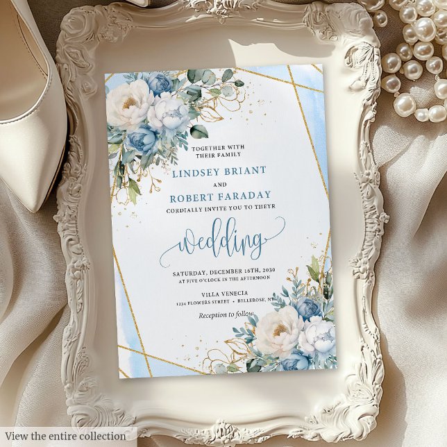 Inbjudan till Whimsical Pastel Blue Sage Guld Flow (Whimsical Pastel Blue Sage Gold Flowers Invitation)