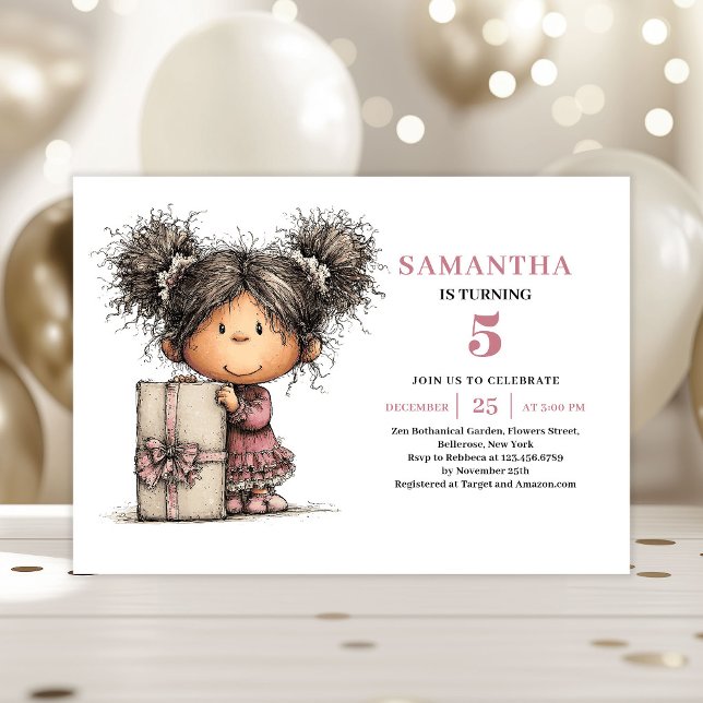 Inbjudan till Whimsy Girls 5-årsdag Dusty Pink (Whimsy Girl 5th Birthday Invite Dusty Pink)