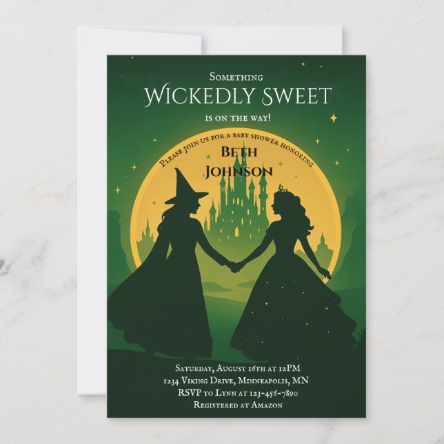 Inbjudan till Wicked Baby Shower | Elphaba & Glind (Framsida)