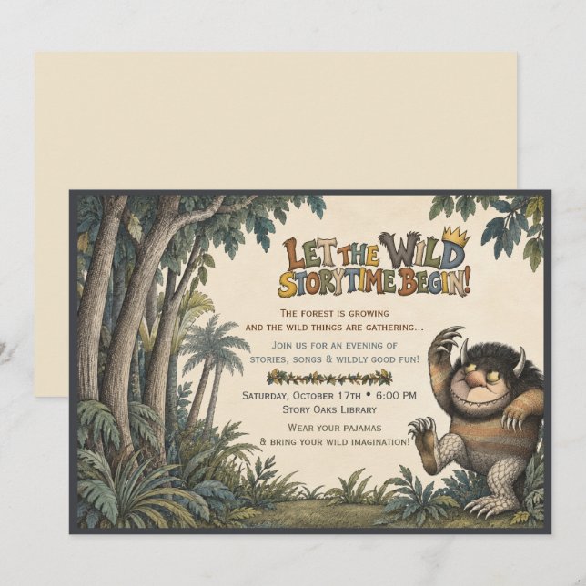 Inbjudan till Wild Things Library Storytime-evenem (Fram/baksida)