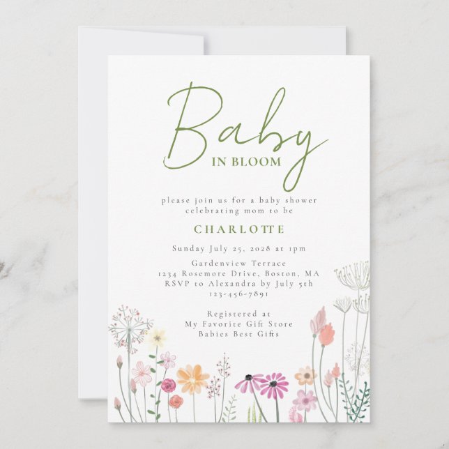 Inbjudan till Wildblomma Baby i babybabyskor i blo (Framsida)