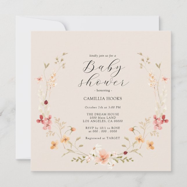Inbjudan till Wildblomma Boho Baby Shower (Framsida)