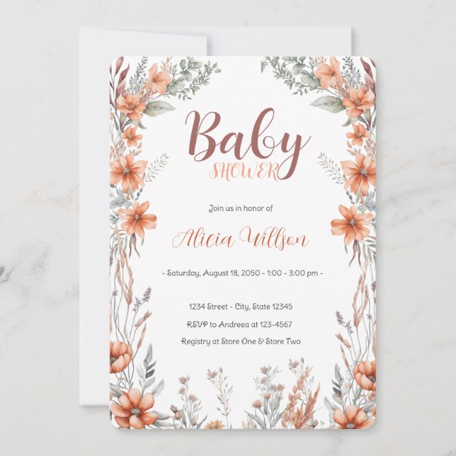 Inbjudan till Wildblomma Boho Baby Shower (Framsida)